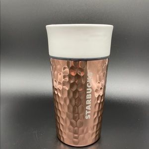 Starbucks 2016 Ceramic Rose Gold Copper Hammered Travel Tumbler Cup Mug 12 Oz